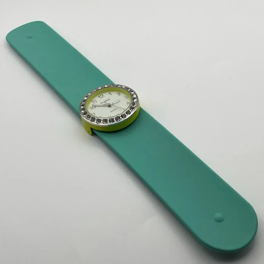 Chic Sophie Teal Band Slap-On Watch with Silver Crystal Bezel